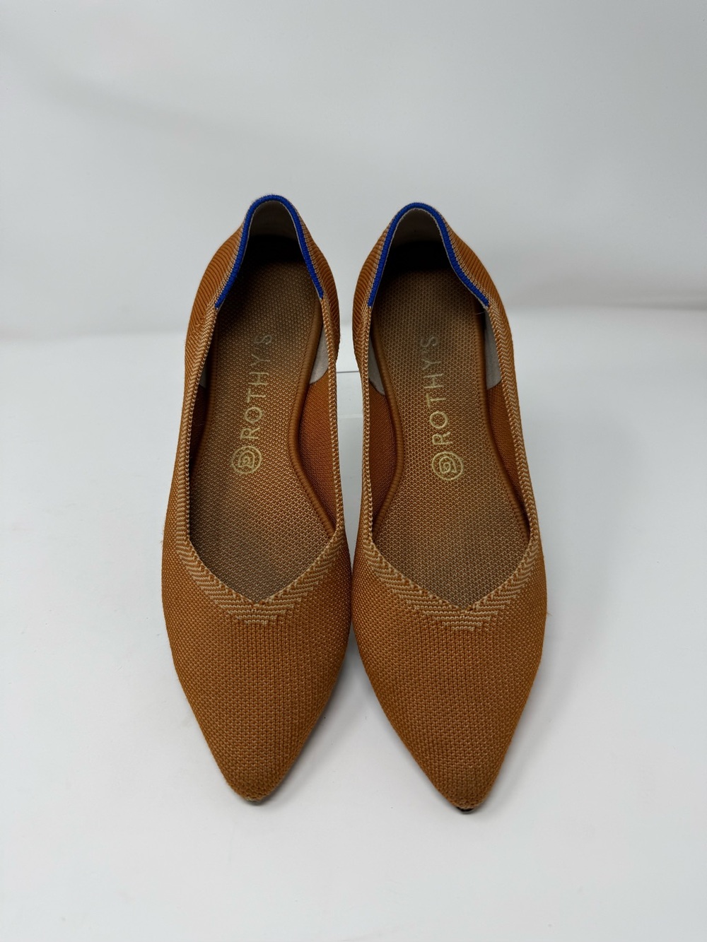 Rothy's Pointed Knit Flats in Caramel Brown with Blue Trim